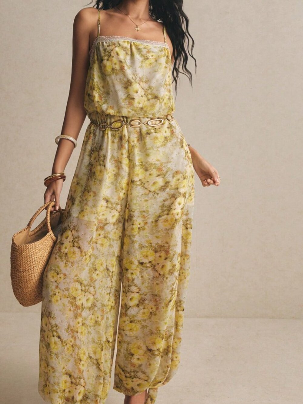 Multicolor Boho Women's Watercolor Lace Trim Wide Leg Chiffon Romper - Picture 6 of 8